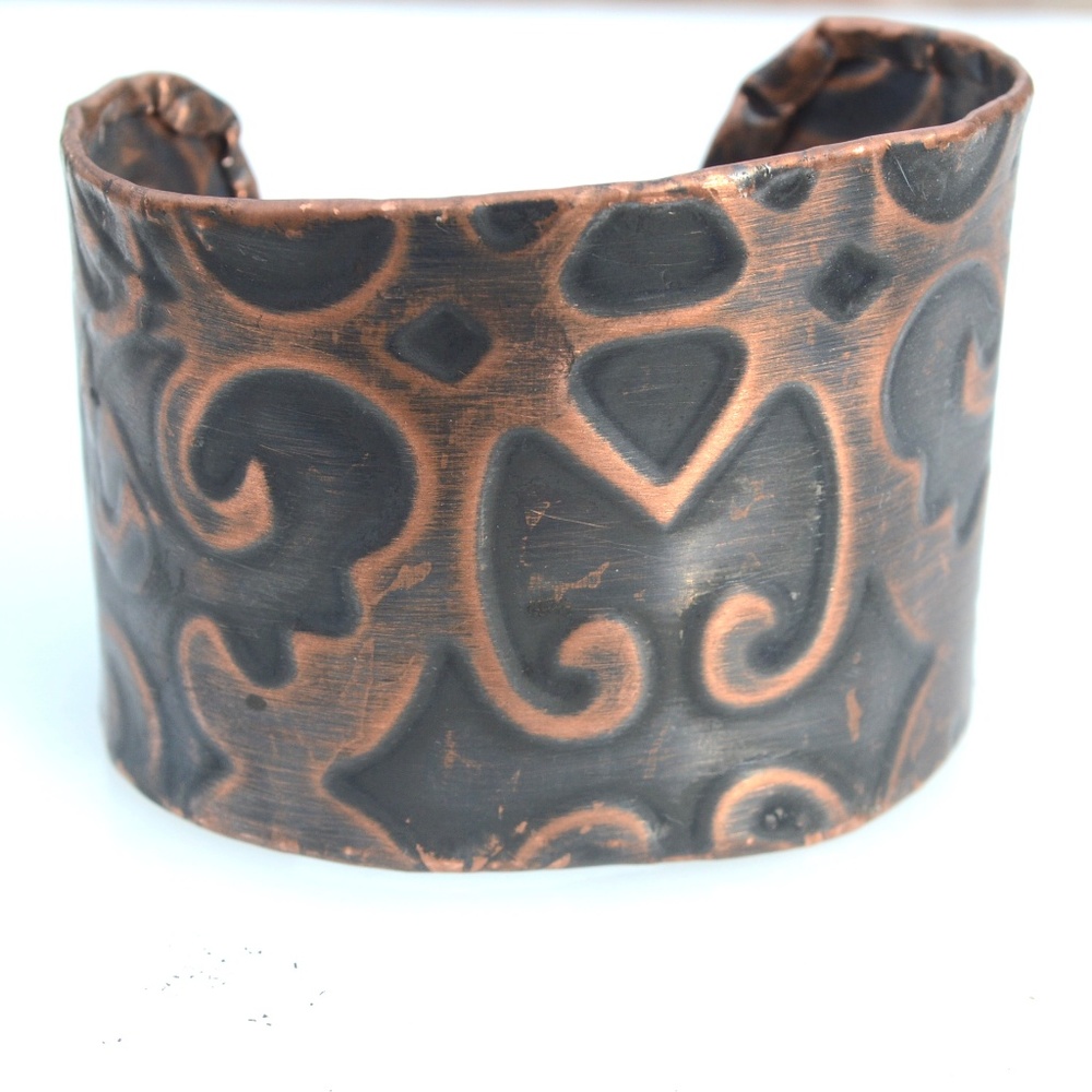 Solid Copper Filigree Wide Cuff Bracelet Damask Patina Embossed Handmade Custom - Picture 5 of 8